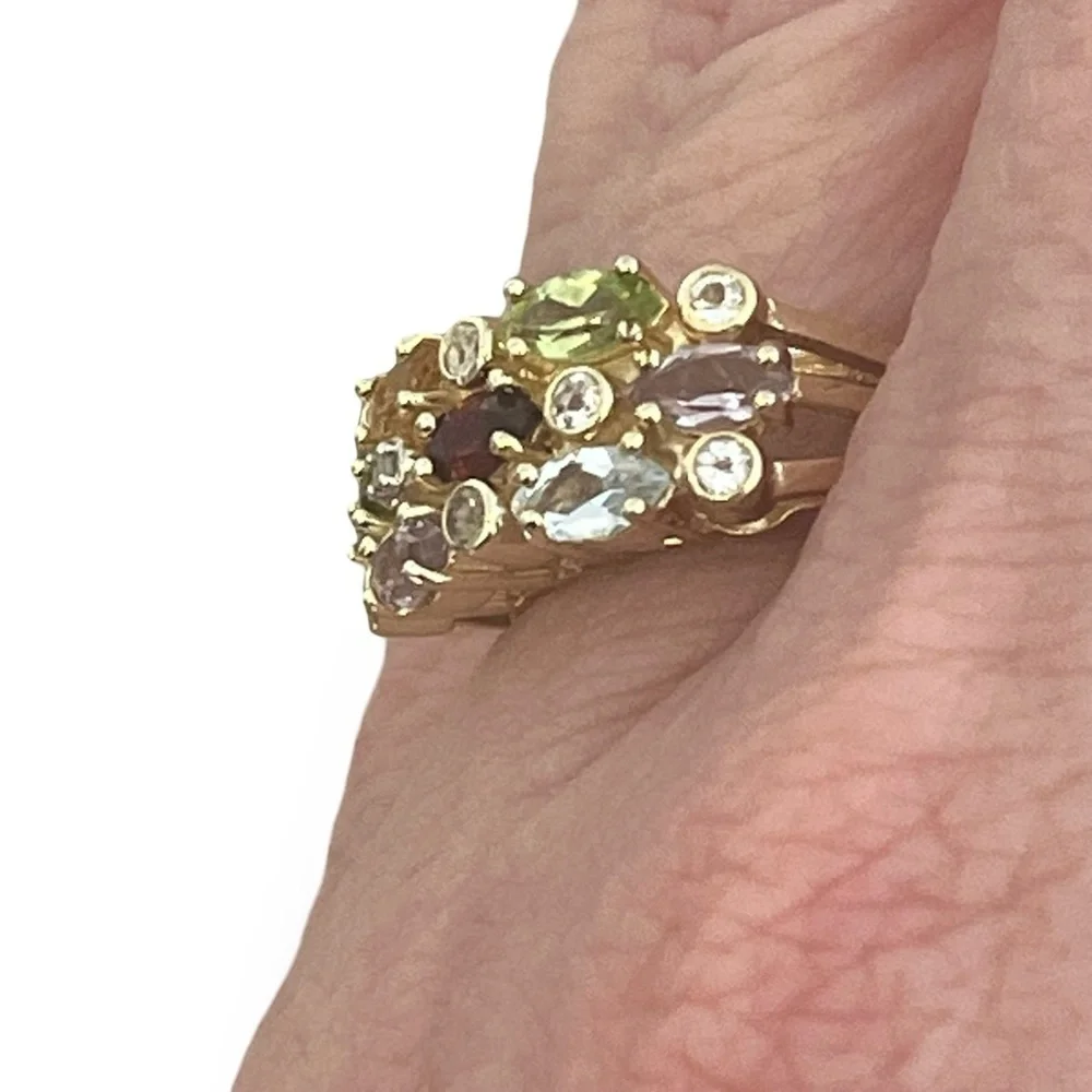 Vermeil Gold Multi-Gemstone Topaz Garnet Amethyst  Peridot Citrine Ring Size 8